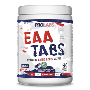 PROLABS EAA TABS- Aminoacidi Essenziali, 500 Compresse con Presenza BCAA Aminoacidi Ramificati 2.1.1 - EAA Amminoacidi Essenziali 100% Veg con Vitamina B6, Integratore Post Workout Crescita e Recupero