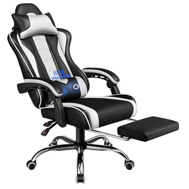 Yaheetech Sedia da Gaming Ergonomica Massaggiante con Poggiapiedi Reclinabile Imbottiti in Finta Pelle, Poltrona Gamer da Scrivania con Poggiatesta e Supporto Lombare Ruote Girevole Bianco