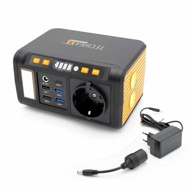 Technaxx TX-205 Mini centrale di alimentazione - Power bank da 74Wh a 230V con presa integrata - Batteria esterna per laptop, telefono cellulare, mini frigorifero, ecc. - Pannello LED, lampada, 5xUSB