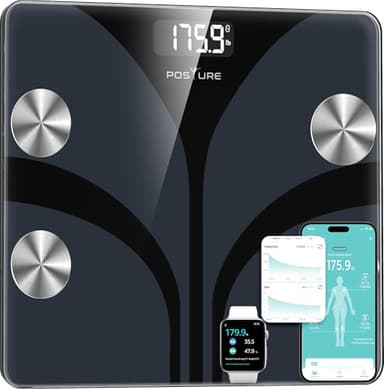 Posture Bilancia Pesapersone Digitale, Smart da Bagno Analizza 13 Elementi della Composizione Corporea, Bluetooth, BMI, Controllo della Salute, Sincronizzazione con App, 180 kg - Nero
