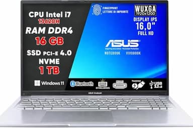 ASUS VivoBook Pc Portatile, Notebook i7 13620H, 16GB RAM DDR4, SSD 1TB, DISPLAY IPS WUXGA 16,0" FULL HD, Computer Portatile, Laptop con Tastiera Retroilluminata, Fingerprint, 16" - Garanzia 3 Anni