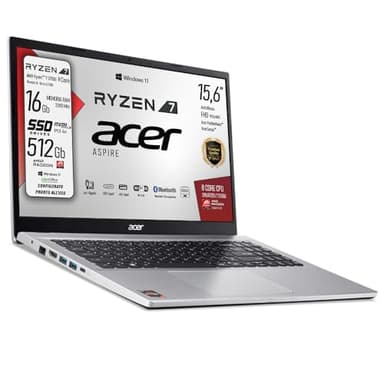 acer, notebook Portatile, Ryzen7 5700u, fino a 4,3 Ghz, Ram 16Gb, SSD PCI Nvme da 512Gb, Display Led 15,6" FHD, 4 usb, wi-fi 6, lan, bt, hdmi Win11, Preconfigurato, garanzia Italia
