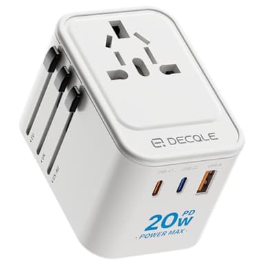 decqle Adattatore Universale da Viaggio, Presa Universale da Viaggio con 2 USB-C(PD 20W) e 1 USB-A e 1 AC, Adattatore da Viaggio Italia Inghilterra Germania America Australia e 224+ Paese(bianca)