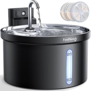 Fontanella per Gatti senza Fili con Sensore di Movimento FEELNEEDY 3,5L Fontana per Gatti a Batteria 4000 mAh, Separazione dell'Acqua e dell'Elettricità, Distributore Acqua Gatti con 3 Filtri, Nera