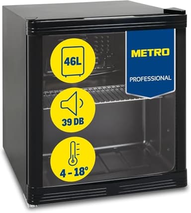 METRO Professional Mini Frigo per Bevande GPC1046 Con Porta in Vetro, 220-240V, Ripiano Regolabile, Frigo Bar Silenzioso, Frigo Da Ufficio, Bar, Gastronomia (Nero, 46 L)