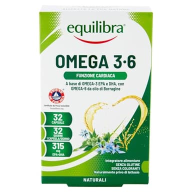 equilibra Integratori Alimentari, Omega 3-6, Integratore con EPA e DHA, per la Normale Funzione Cardiaca e Cerebrale, per la Capacità Visiva Normale, 32 Capsule
