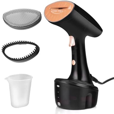 LEHMANN Stiratore Verticale, 1600W, 25 g/min di Vapore, Serbatoio dell’acqua rimovibile da 320ml, Riscaldamento Rapido, Stiro Verticale e Orizzontale, 2 Accessori, Compatto e Leggero, Nero/Rosa Oro