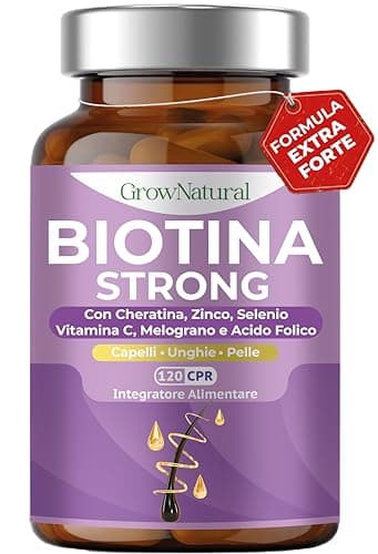 BIOTINA STRONG - Integratori per Capelli - Biotina Cheratina e Zinco - Vitamine per Crescita Capelli e anticaduta Donna e Uomo - 120 Compresse con Melograno, Vitamina C, Acido Folico e Selenio
