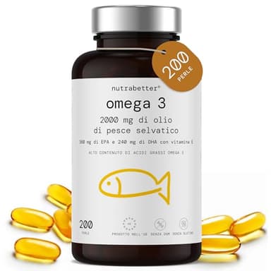Omega 3 Olio di Pesce da 2000 mg | 200 Capsule Softgel | 600 mg omega - 3 Puro + Vitamina E | Cuore, Vista, Funzione Cerebrale | Qualità Testata | Fish Oil Omega3 | Integratore Omega 3