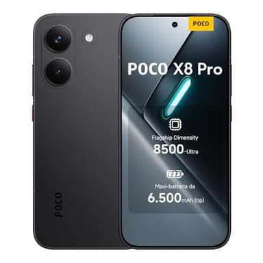 POCO X8 Pro, Smartphone 8+256GB, Dimensity 8500-Ultra, Batteria 6500mAh (typ), Display AMOLED ultra luminoso, Fotocamera 50MP con OIS, Nero, Garanzia 2 anni+1 anno extra, Caricatore non incluso