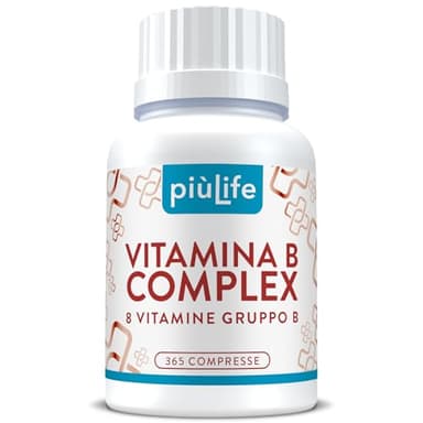 Vitamina B Complex Alto Dosaggio PiùLife, 1 Al Giorno 100% VNR, Vitamina B6 B1 B2 B3 Niacina, B5, B8 Biotina, B9 Acido Folico, Vitamina B12, Tutte Le Vitamine Gruppo B Integratore, 365 compresse