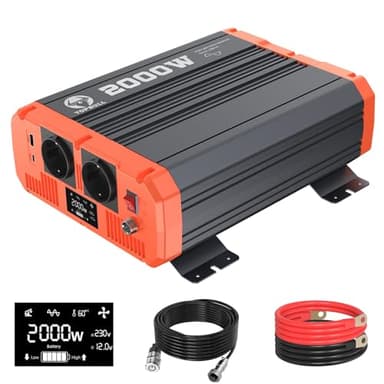 2000W/4000W Inverter 12V 220V Onda Pura Invertitore di Tensione Fotovoltaico DC AC per Camper Auto Convertitore di Potenza con LCD & Tipo-C e 2 presa AC e 1 Porte USB Transformatore con Telecomando