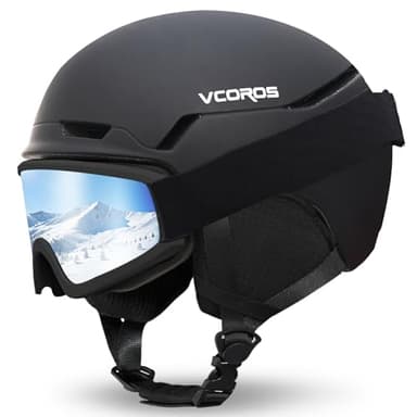 Casco da Sci con Occhiali da Sci Casco Sci per Uomo Donna con Cuscinetti Auricolari Rimovibili Ventilazione UV Ski Helmet per Ski (Nero Opaco+Occhiali da Sci, M)