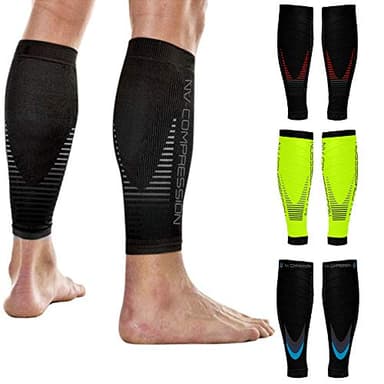 NV Compression (1 Paio) Calentadores de Pantorrilla de Compresión Race and Recover Uomo Donna, Calze Compressione, per Corsa, Fitness, Sport, Ciclismo, Vene Varicose (Bk/Grey Stripes, S-M)