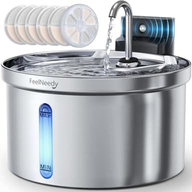 Fontanella per Gatti Senza Fili con Sensore [Separazione acqua e batteria] FEELNEEDY Distributore Automatico d'acqua in Acciaio Inox, Fontana a Batteria 4000mAh- 3.5L con 6 Set Filtri