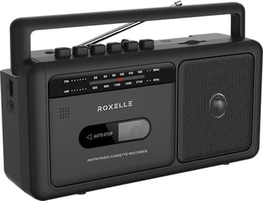 Roxelle Registratore radio portatile AM/FM | Boombox retrò con streaming BT, riproduzione e registrazione USB, jack per auricolari, doppia alimentazione (AC o batteria), registratore a cassette con