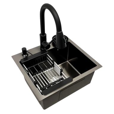 Lavello da cucina multifunzionale, in acciaio inox, con rubinetto estraibile, scolapiatti, dispenser di sapone e lavastoviglie per tazze, lavello da incasso, per sottolavelli a partire da 45 cm, 45 x