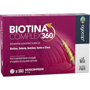 BIOTINA CAPELLI - Formula di Ricrescita 360°, Integratori per capelli con Biotina, Selenio e Zinco. Biotina Vitamine capelli, unghie e pelle. Azione di ricrescita e anticaduta per donna uomo