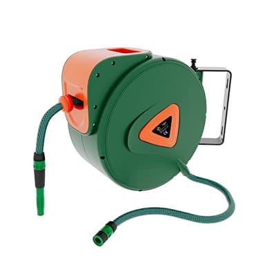 Avvolgitubo Da Giardino Per Acqua Con Tubo In PVC Attacco 1/2" Fissaggio Parete Muro Sistema Blocco Automatico Riavvolgitore Auto Stop Accessorio Esterno Salvaspazio Pressione 24 Bar (20 + 2 M) Verde