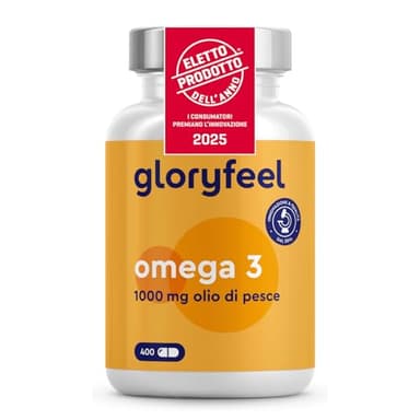 Omega 3 Olio di Pesce 400 Capsule Eletto PRODOTTO DELL'ANNO 2025 (1 anno), Softgel Omega-3, 1000mg Alto Dosaggio, Vista, Cuore, Cervello, 180mg EPA & 120mg DHA, Integratore Fish Oil