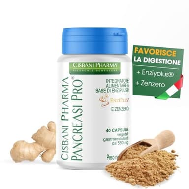 CISBANI PHARMA Pancreasi Pro - Integratore Alimentare con enzimi digestivi e Zenzero da 40 Capsule Vegetali - Enziplus Migliora la Digestione e la Riduzione del Gonfiore e Gas