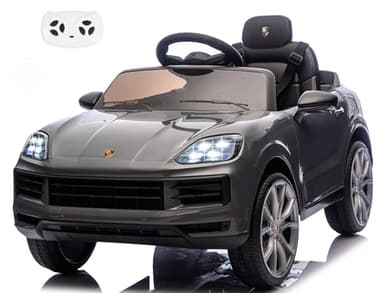 Porsche Cayenne Macchina Elettrica per Bambini 12V con Telecomando Cintura a 3 Punti Fari a Led Bluetooth Auto Elettrica Full Optional (Grigio)
