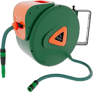 BRICOZONE Avvolgitubo per Acqua con Tubo in PVC Attacco 1/2" da Giardino Fissaggio Parete Muro Blocco Automatico Riavvolgitore Auto Stop Accessorio Esterno Salvaspazio Pressione 24 Bar 20 + 2 M Verde