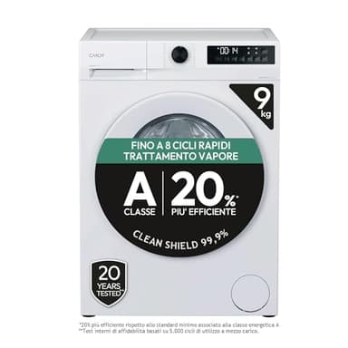 Candy ProWash 300, Lavatrice Carica Frontale, 9KG, 1400 giri, 16 Programmi, 8 Cicli Rapidi, Trattamento Vapore, Motore Silent Inverter, Bianco - GD 498-S [Classe di efficienza energetica A]