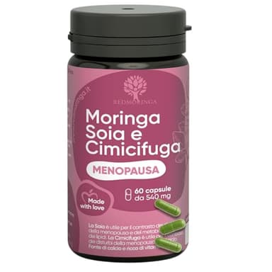 Integratore Cimicifuga Menopausa con Moringa BIO e Estrogeni Naturali contro le Vampate di Calore | Formula Menopausa Avanzata | Isoflavoni di Soia, B12, D3, B6, Salvia | 60 Capsule Veg. - RedMoringa