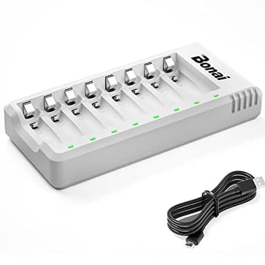 BONAI Caricabatterie per Pile Ricaricabili AA e AAA 8 Slot con Intelligente LED Caricabatterie Ricaricare Batterie Ni-MH Ni-Cd(con Cavo USB)