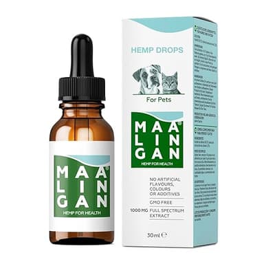 MAALINGAN® Olio di Canapa Calmante Forte per Cani e Gatti | Integratore Articolazioni | Tranquillante Contro Stress e Ansia | Gocce 100% Vegetali uso Veterinario | Omega 3, 8 Selenio | 1000MG 30ML