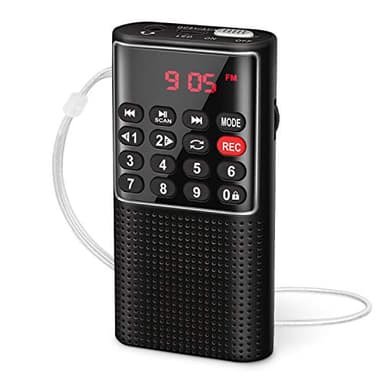 PRUNUS J-328 Mini Radio Portatile Tascabile, Radiolina FM Walkman Digitale con Registratore, Lettore Musicale Mp3 SD/TF/AUX, Batteria Ricaricabile e Tasto di Blocco per Camminate, Viaggio (Nero)