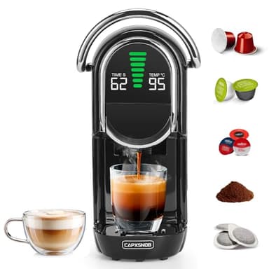 Magician1 Mini Macchina da Caffè Cialde 5in1 per Nespresso Originali, Dolce Gusto, Lavazza A Modo Mio, ESE 44 Cialde e Caffè Macinato, 20 Bar, 1450W, Display LED, Acqua Regolabili 7 Livelli