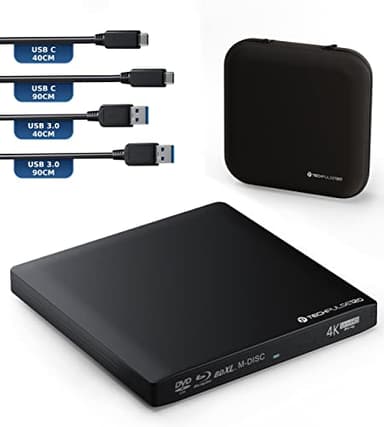 techPulse120 Masterizzatore esterno USB 3.1 USB-C UHD 4k 3D M-DISC Blu-ray DVD CD BDXL HDR10 128GB masterizzatore Burner Superdrive BD Imperator borsa 90 cm cavo alluminio Nero