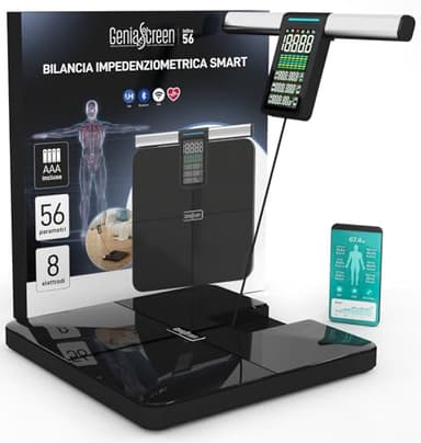 Bilancia Impedenziometrica Professionale Smart Wi-Fi Pesapersone Digitale 56 Misurazioni in Vetro Temperato 32x35cm Portata 220Kg GeniaScreen con Display LCD - per Massa Muscolare Grasso BMI Bluetooth