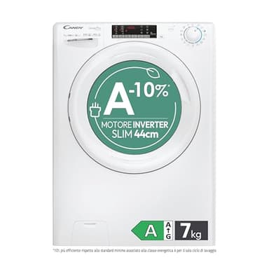 Candy Smart Pro CO4 374TWM6/1-S, Lavatrice Slim 7kg, Motore Inverter, Carica Frontale, Classe A-10%, 1300 Giri, 16 Programmi, 76 dB, AxLxP 85x60x45 cm, Bianco [Classe di efficienza energetica A]