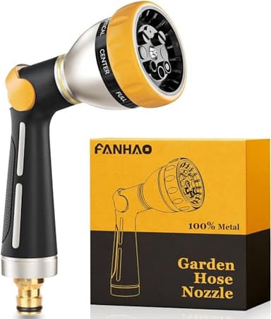 FANHAO Pistola da Giardino, ugello a spruzzo al 100% in metallo resistente, azionabile con il pollice, ugello per l'acqua ad alta pressione con 8 modalità per innaffiare piante, lavare auto
