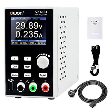 OWON SPE6103 Alimentatore da laboratorio programmabile (0-60 V 0-10 A), alimentatore CC da banco da 300 W con display LCD da 2,8 pollici, uscita a canale singolo con software per PC e ricarica USB