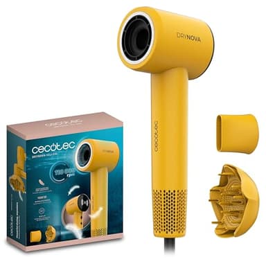 Cecotec Asciugacapelli Compatto e Leggero DryNova Yellow Sun. 1600W, 110000RPM, Motore Brushless, Diffusore e Concentratore, Generatore di Ioni, Silenzioso e Durevole, 4 Impostazioni Temperatura