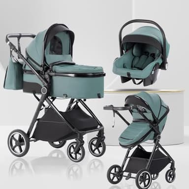 Lnhcrbs Passeggino 3 in 1 con Navicella, Trio Sistema's Navicella è Pieghevole, Carrozzina Maniglia è Regolabile, le Ruote sono in Materiale PU, per Bambini dalla Nascita a 3 Anni-Blu Verde