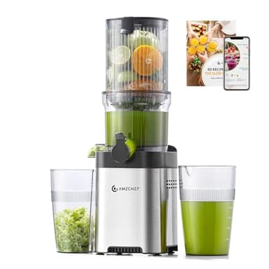 AMZCHEF Estrattore Frutta e Verdura, 120mm Bocca Larga con Taglio Automatico, Slow Juicer a Freddo 60RPM, Estrattore di Succo in Acciaio Inox, Facile da Pulire[Classe di efficienza energetica A+++]