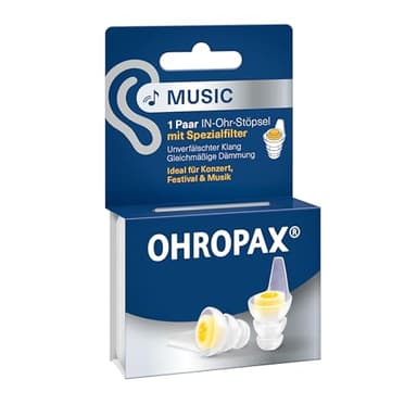 OHROPAX Auricolari Music – con filtro speciale – suono autentico con isolamento uniforme – valore di isolamento acustico SNR 19 dB – ideale per concerti – 1 paio di filtri inseriti + 1 paio di tappi