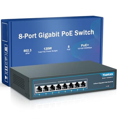 YuanLey 8 Port Gigabit PoE Switch, 120W 802.3af/at, Metal Fanless Unmanaged Plug and Play