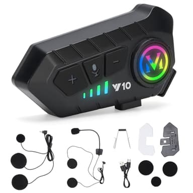 HISUEKIG Auricolare Casco Moto, 5.3 Bluetooth Cuffie Casco Moto, Y10 Interfono Casco con IPX6 Impermeabile, Smart Connessioni, Risposta Automatica, Cancellazione del Doppio Rumore