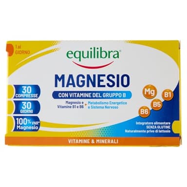 equilibra Integratori Alimentari, Magnesio con Vitamine del Gruppo B, Integratore Magnesio e Vitamine B1, B5 e B6, Per il Normale Metabolismo Energetico, Senza Glutine, 30 Compresse