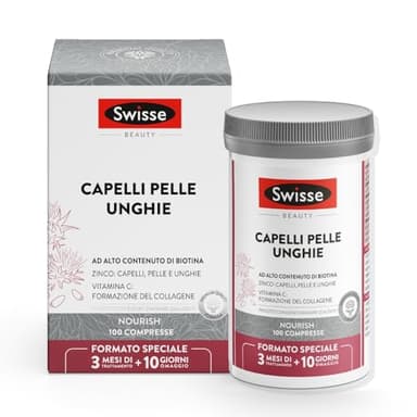 SWISSE Capelli Pelle Unghie - Integratori per Capelli, Pelle e Unghie con Vitamina C Biotina Cardo Mariano, 100 Compresse - Zinco Integratore Capelli, Formazione Collagene e Unghie Sane