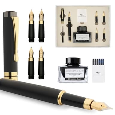 Wordsworth & Black Fountain Pen Gift Set, Include bottiglia d'inchiostro, 6 cartucce d'inchiostro, convertitore di ricarica, 4 pennini di ricambio, bambù di lusso, calligrafia, penne [Legno nero]