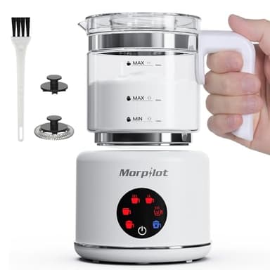 Montalatte Elettrico, Morpilot Milk Frother in Vetro, Bello da Vedere, 6 in 1 Funzione, Capacità 250ml Cappuccino o 500 ml Latte Caldo, Design Diviso, Bianco