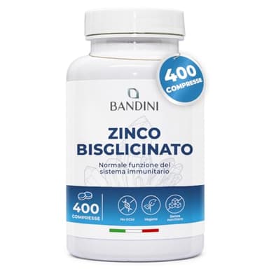 Bandini® Zinco Bisglicinato 400 Compresse (Scorta 13 Mesi), Integratore Vegano ad Alto Dosaggio, Zinco Puro per Pelle, Capelli, Unghie, Vista e Sistema Immunitario, Alto Assorbimento, Senza OGM