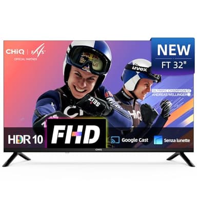 CHiQ LF32FT Smart TV 32 pollici (81 cm), Full HD, HDR10, Google TV OS, Dolby Audio & dbx-tv, Tuner Triplo, Chromecast Incorporato, Design Metallico Senza Cornice